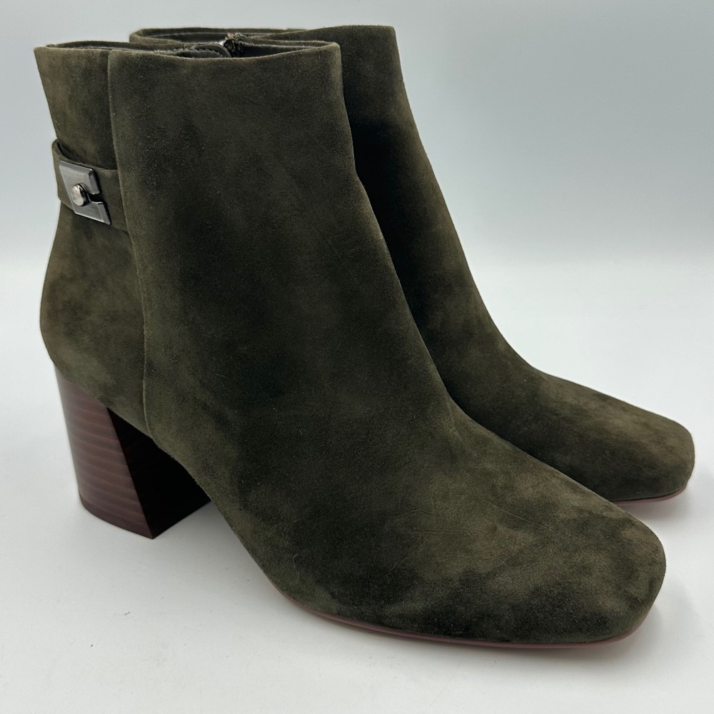 Vince Camuto Laiklen Booties Wmn 7.5W Dark Green New Suede Block Heel Ankle READ